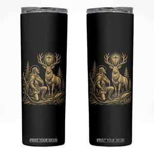 Saint Hubert Patron Saint of Hunters Vintage Woodcut Skinny Tumbler Catholic Faith and Hunting Heritage Gift