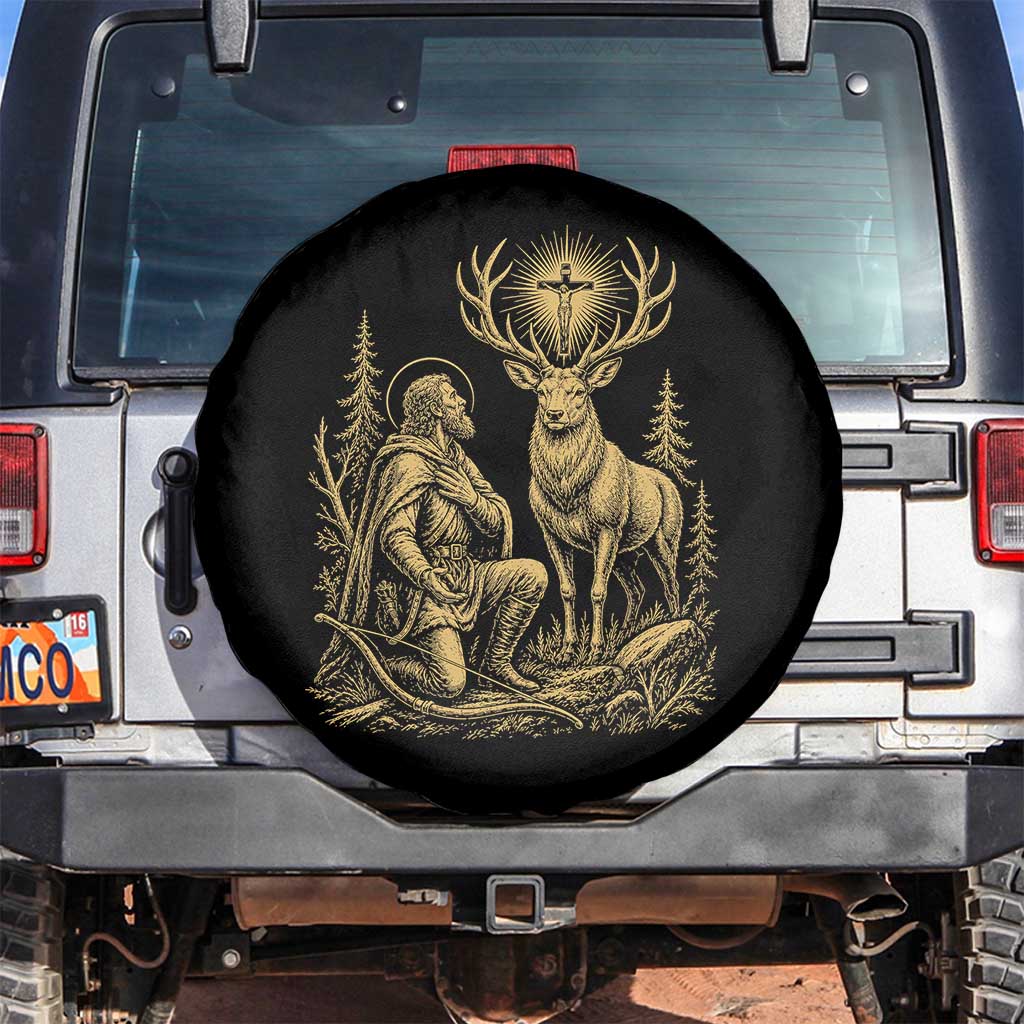 Saint Hubert Patron Saint of Hunters Vintage Woodcut Spare Tire Cover Catholic Faith and Hunting Heritage Gift TS02 No hole Black Print Your Wear