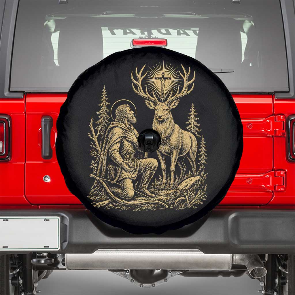 Saint Hubert Patron Saint of Hunters Vintage Woodcut Spare Tire Cover Catholic Faith and Hunting Heritage Gift