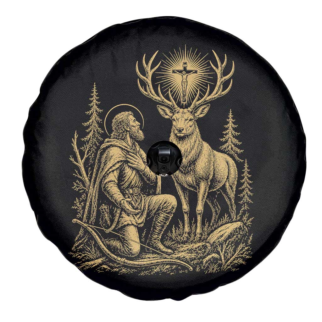 Saint Hubert Patron Saint of Hunters Vintage Woodcut Spare Tire Cover Catholic Faith and Hunting Heritage Gift