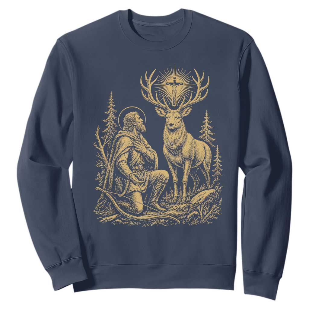 Saint Hubert Patron Saint of Hunters Vintage Woodcut Sweatshirt Catholic Faith and Hunting Heritage Gift