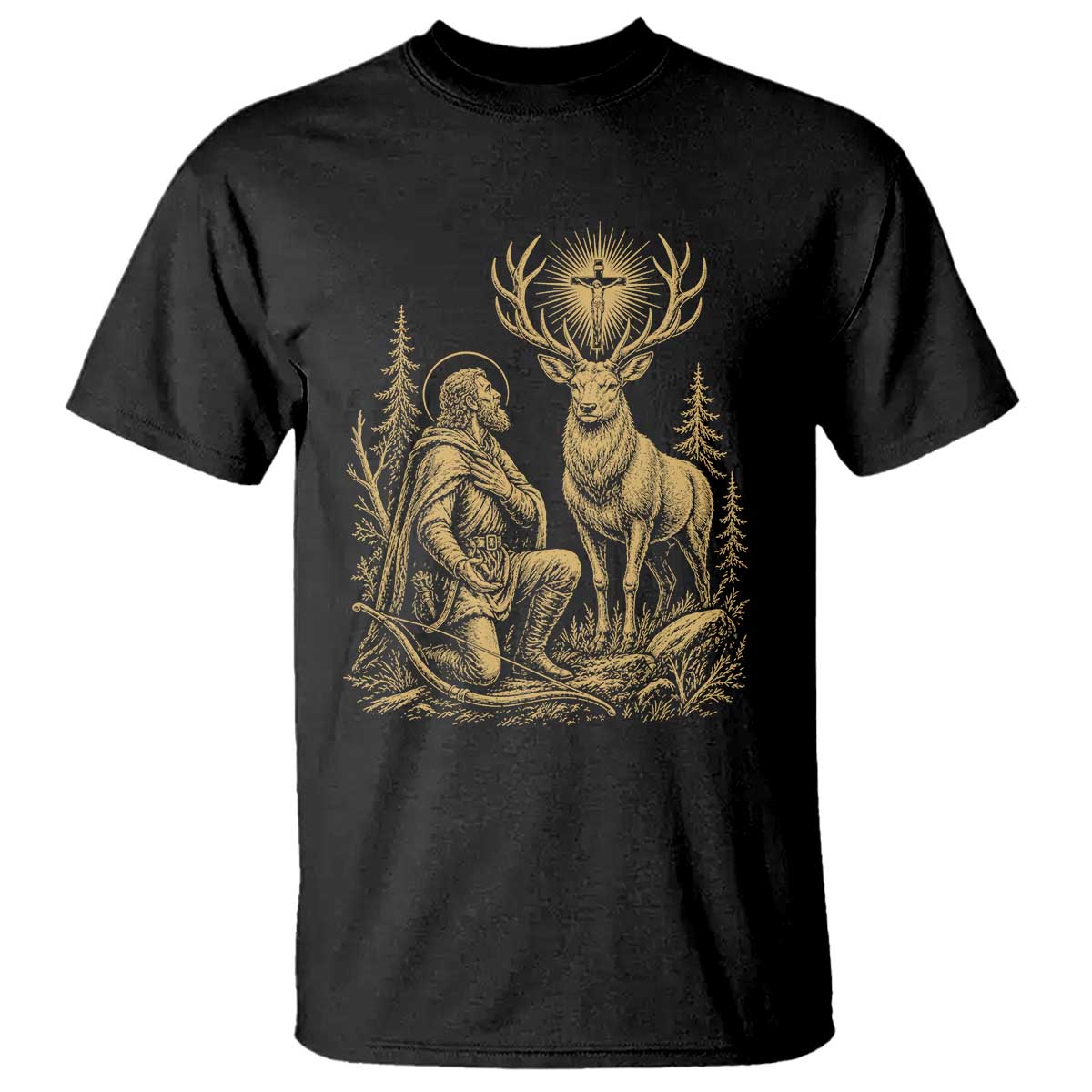 Saint Hubert Patron Saint of Hunters Vintage Woodcut T Shirt Catholic Faith and Hunting Heritage Gift
