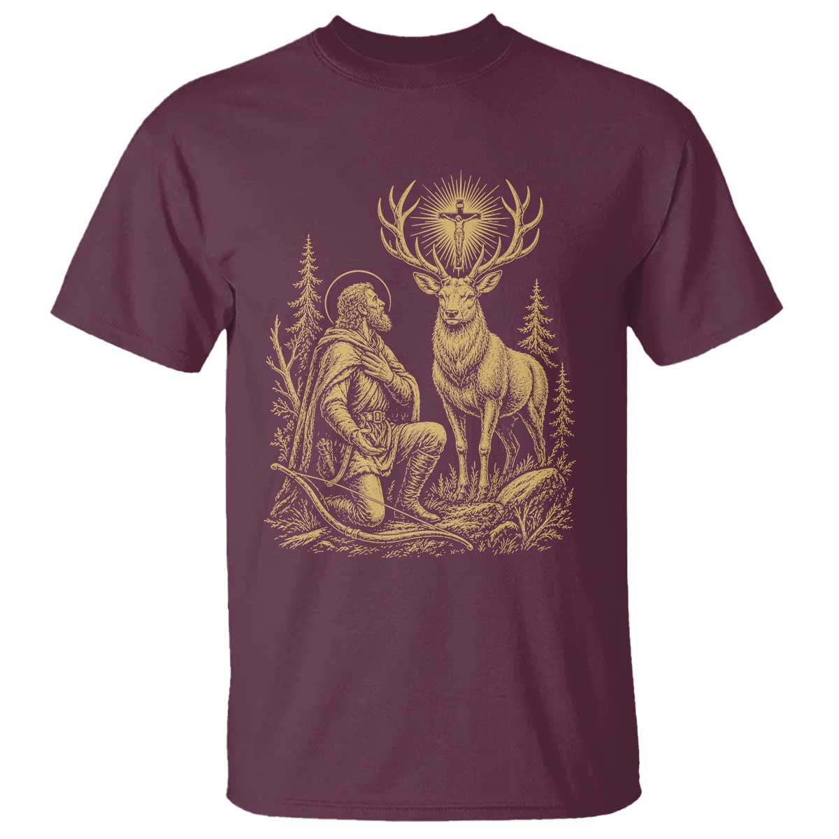 Saint Hubert Patron Saint of Hunters Vintage Woodcut T Shirt Catholic Faith and Hunting Heritage Gift