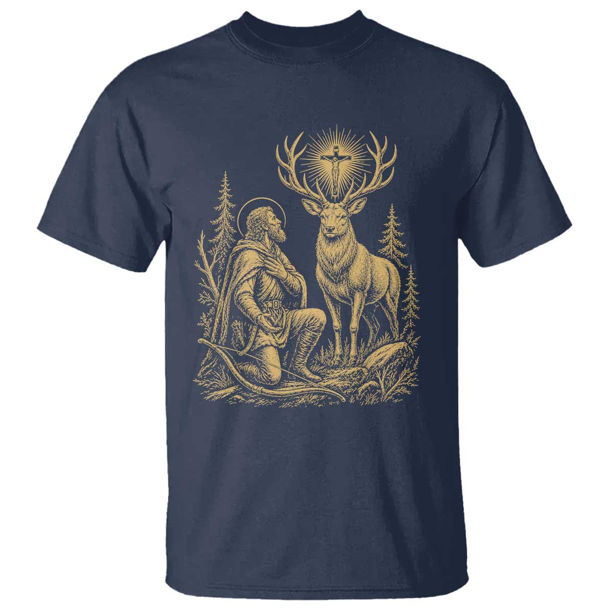 Saint Hubert Patron Saint of Hunters Vintage Woodcut T Shirt Catholic Faith and Hunting Heritage Gift