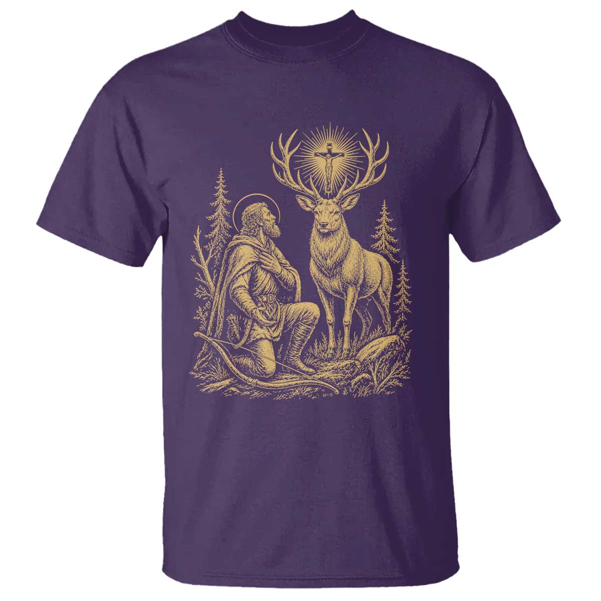 Saint Hubert Patron Saint of Hunters Vintage Woodcut T Shirt Catholic Faith and Hunting Heritage Gift