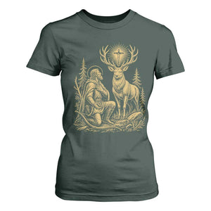 Saint Hubert Patron Saint of Hunters Vintage Woodcut T Shirt For Women Catholic Faith and Hunting Heritage Gift