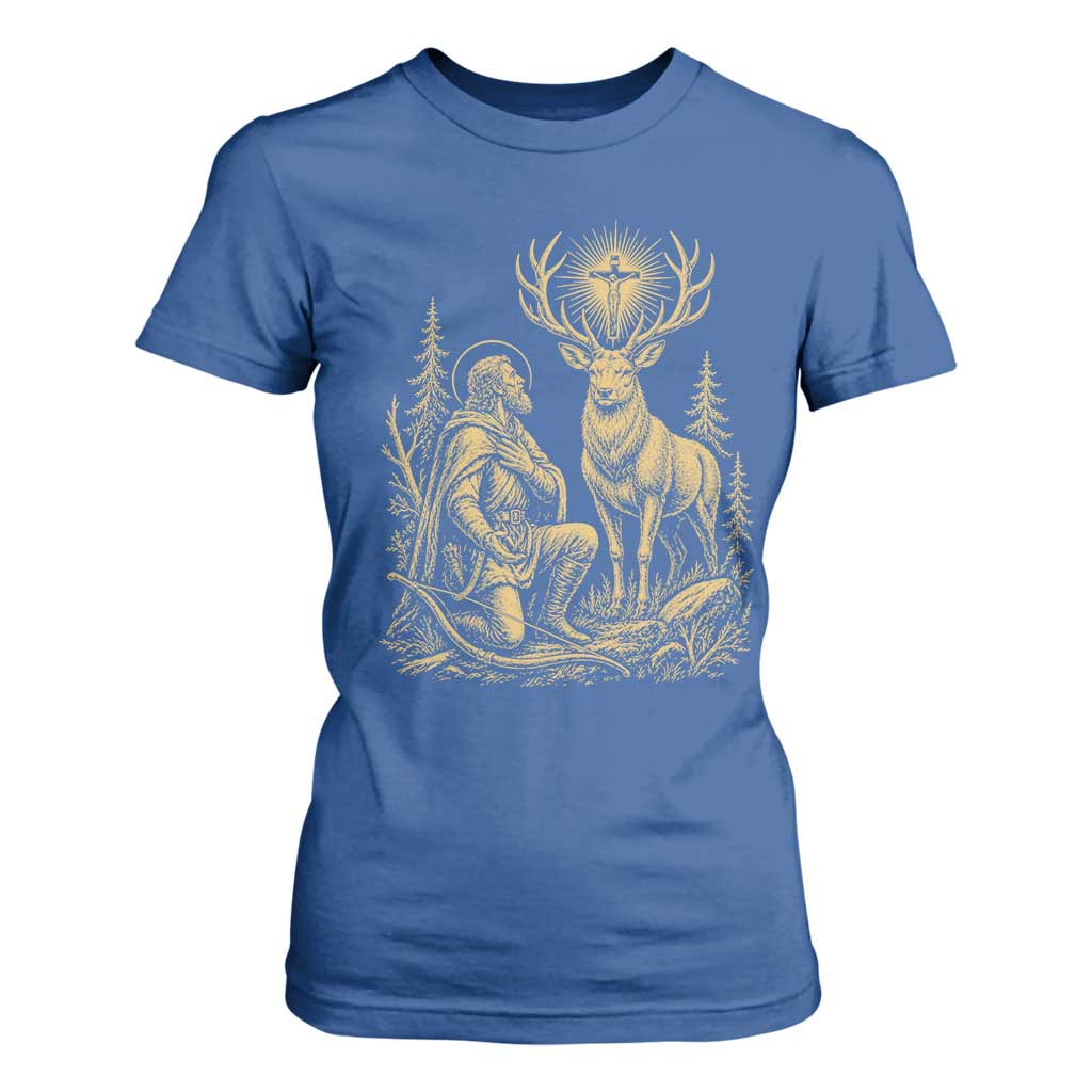 Saint Hubert Patron Saint of Hunters Vintage Woodcut T Shirt For Women Catholic Faith and Hunting Heritage Gift