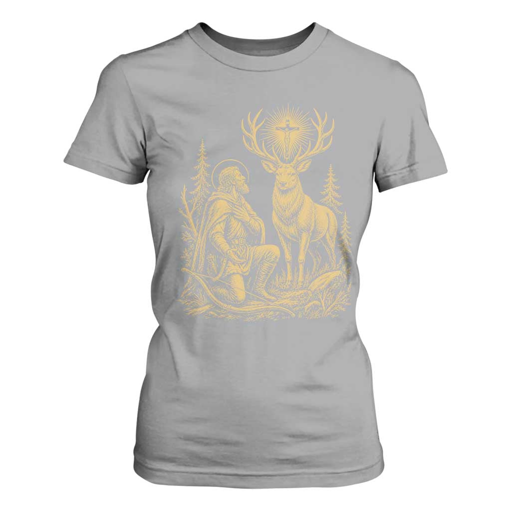 Saint Hubert Patron Saint of Hunters Vintage Woodcut T Shirt For Women Catholic Faith and Hunting Heritage Gift