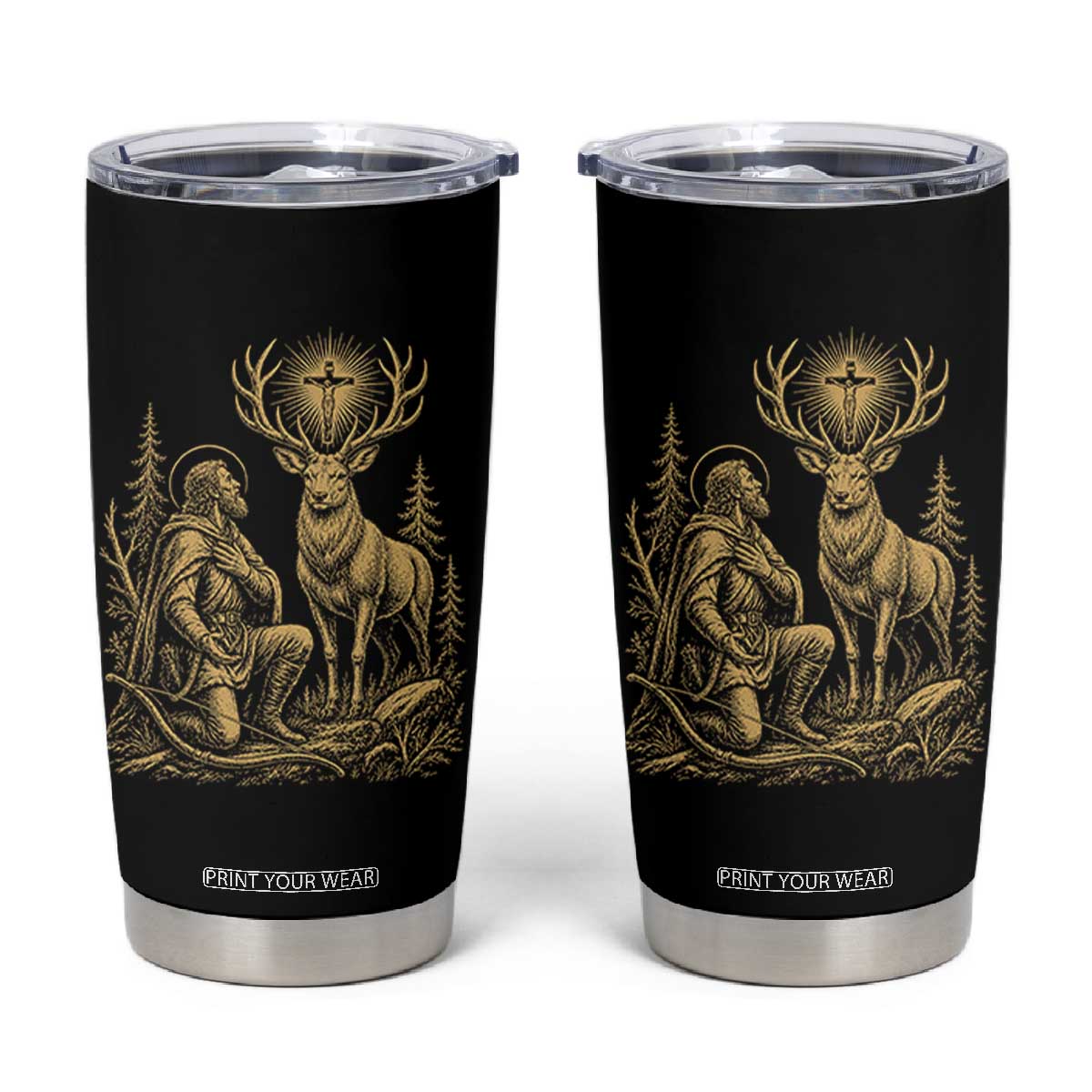 Saint Hubert Patron Saint of Hunters Vintage Woodcut Tumbler Cup Catholic Faith and Hunting Heritage Gift TS02 Black Print Your Wear