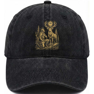 Saint Hubert Patron Saint of Hunters Vintage Woodcut Washed Cotton Baseball Cap Catholic Faith and Hunting Heritage Gift