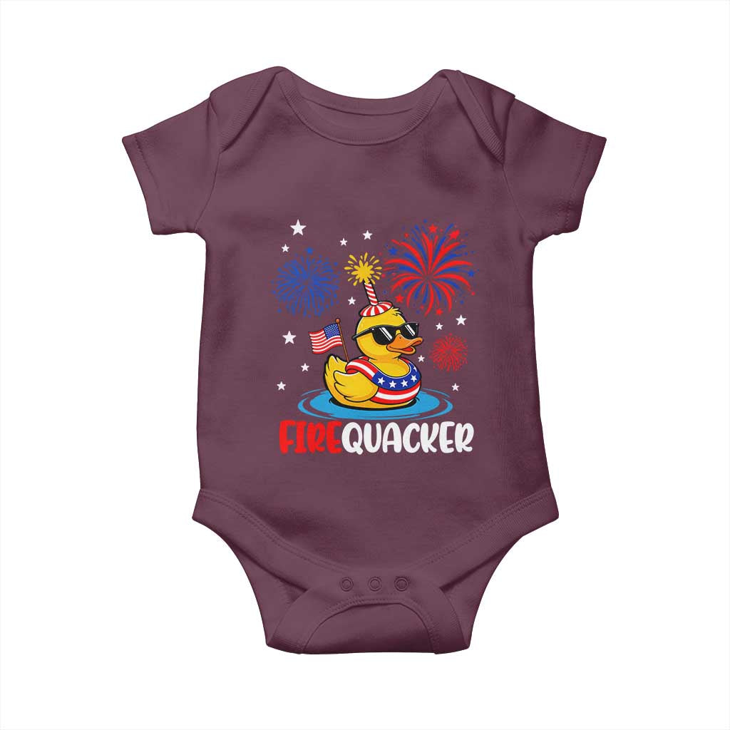 Firequacker Funny Patriotic Rubber Duck Baby Onesie Cool American Flag Sunglasses and Stars Swim Ring Summer Fireworks TS02 Maroon Print Your Wear