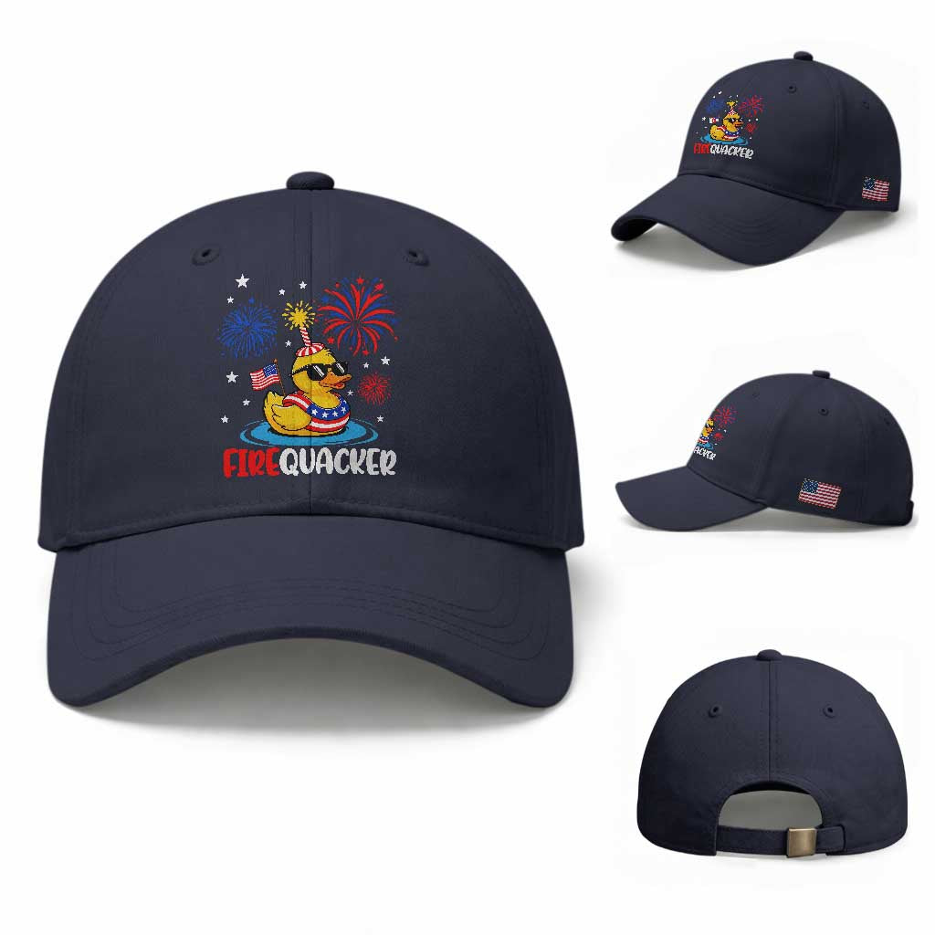 Firequacker Funny Patriotic Rubber Duck Baseball Cap Cool American Flag Sunglasses and Stars Swim Ring Summer Fireworks TS02 Baseball Cap Universal Fit Navy Print Your Wear