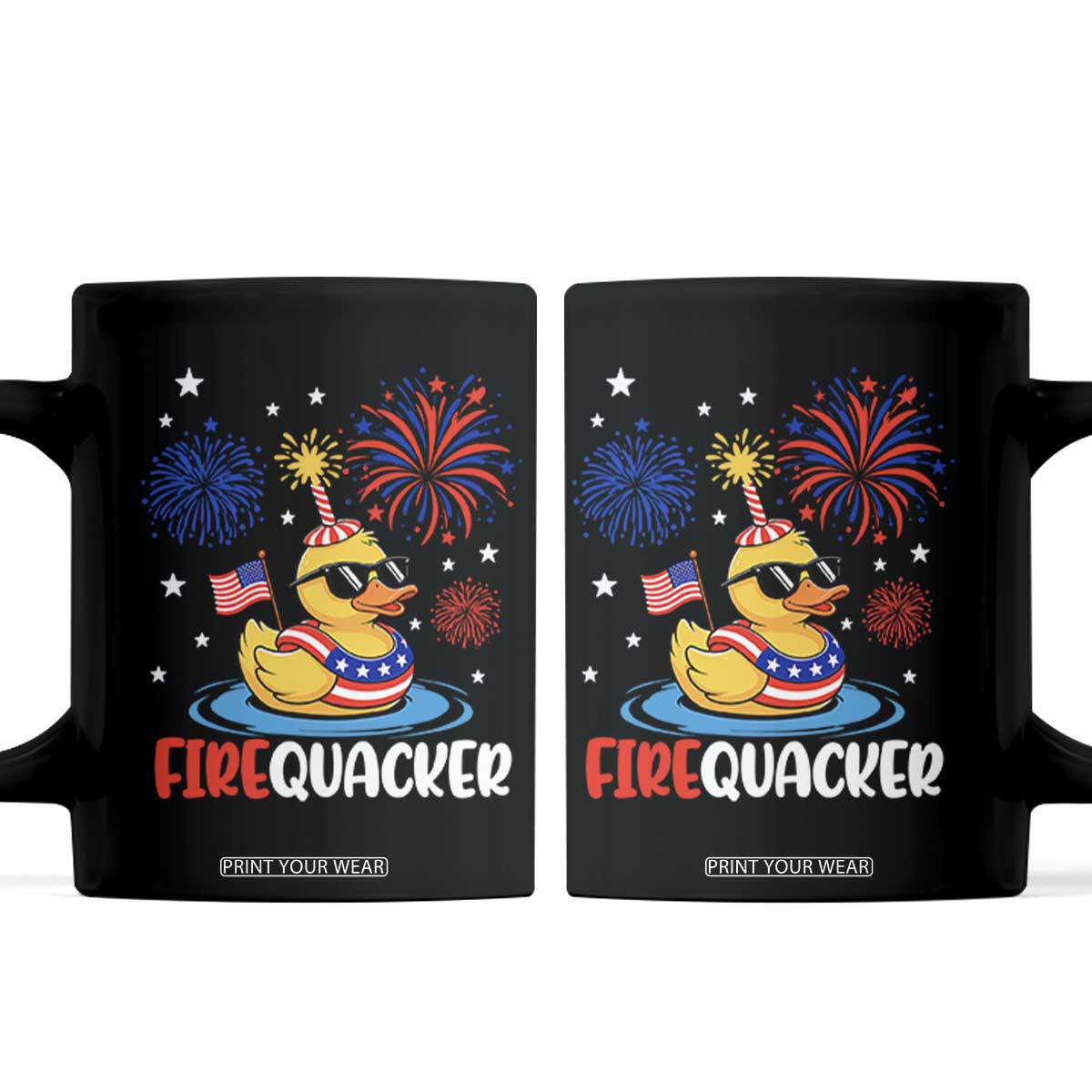 Firequacker Funny Patriotic Rubber Duck Coffee Mug Cool American Flag Sunglasses and Stars Swim Ring Summer Fireworks