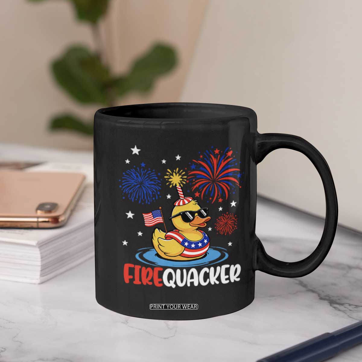 Firequacker Funny Patriotic Rubber Duck Coffee Mug Cool American Flag Sunglasses and Stars Swim Ring Summer Fireworks TS02 Print Your Wear