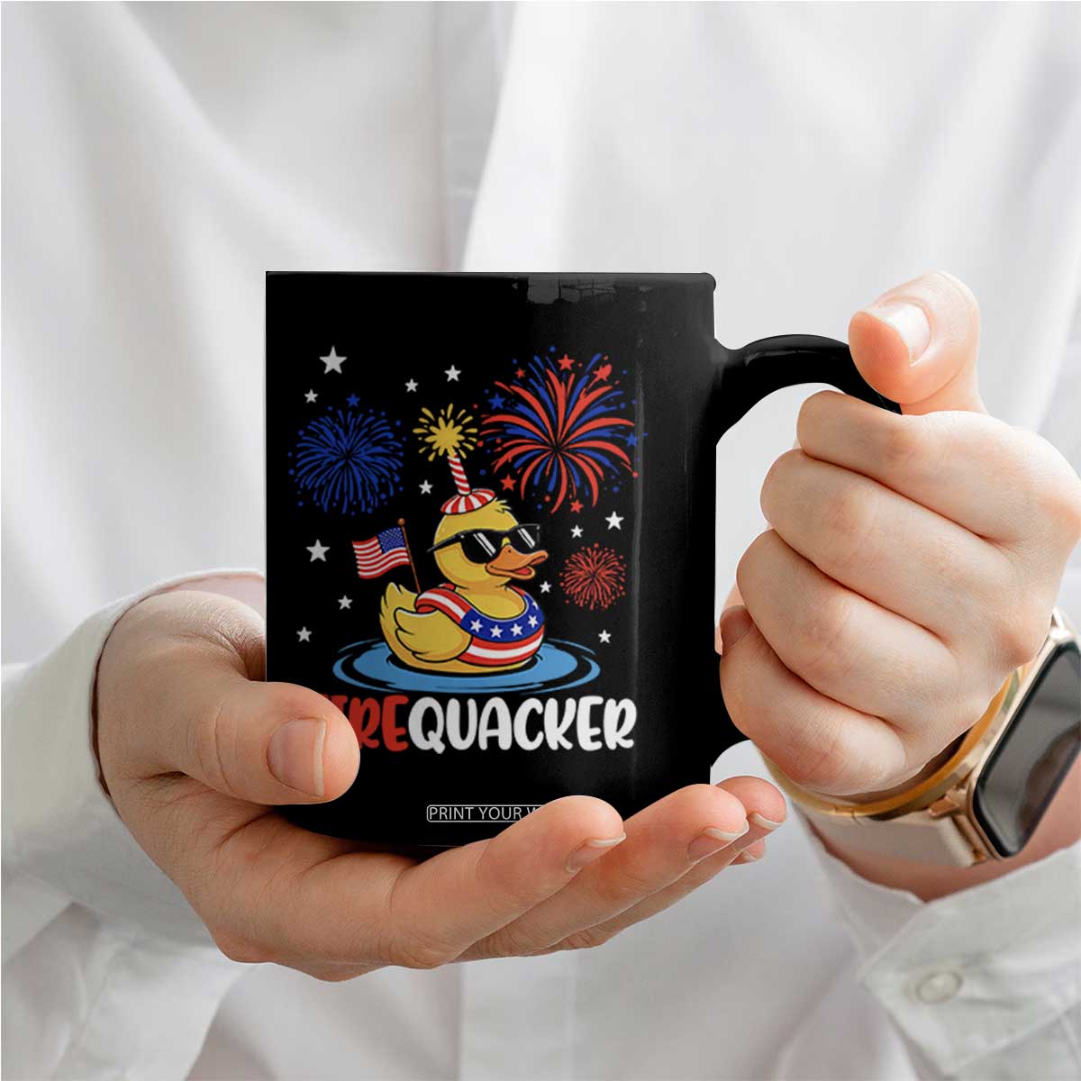 Firequacker Funny Patriotic Rubber Duck Coffee Mug Cool American Flag Sunglasses and Stars Swim Ring Summer Fireworks TS02 Print Your Wear