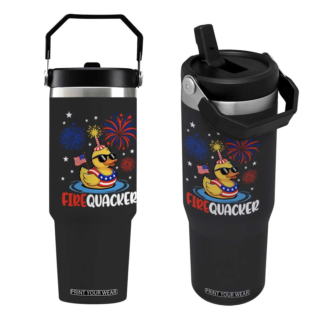 Firequacker Funny Patriotic Rubber Duck Flip Straw Tumbler Cool American Flag Sunglasses and Stars Swim Ring Summer Fireworks TS02 One Size: 30 oz Black Print Your Wear