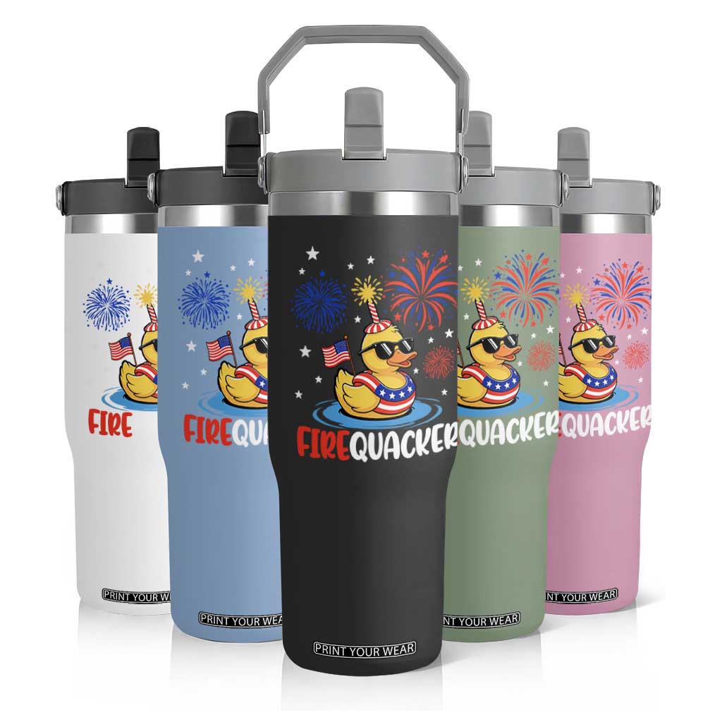 Firequacker Funny Patriotic Rubber Duck Flip Straw Tumbler Cool American Flag Sunglasses and Stars Swim Ring Summer Fireworks TS02 Print Your Wear