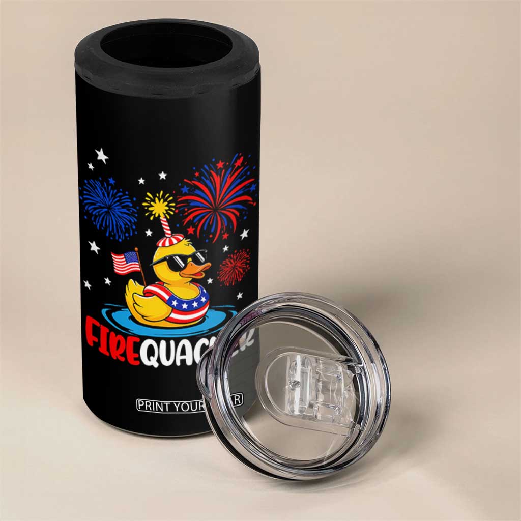 Firequacker Funny Patriotic Rubber Duck 4 in 1 Can Cooler Tumbler Cool American Flag Sunglasses and Stars Swim Ring Summer Fireworks TS02 Print Your Wear