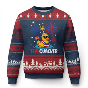 Firequacker Funny Patriotic Rubber Duck Ugly Christmas Sweater Cool American Flag Sunglasses and Stars Swim Ring Summer Fireworks TS02 Navy Red Print Your Wear