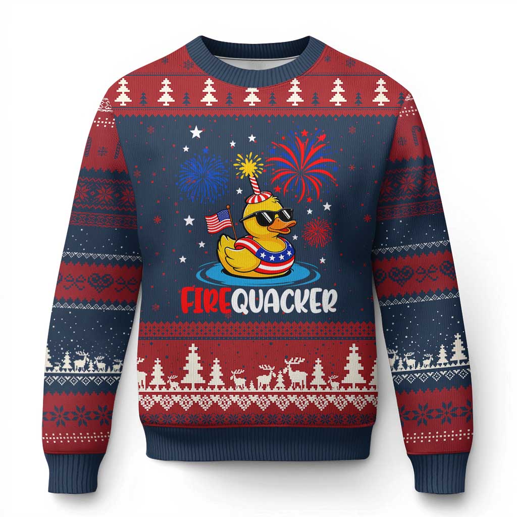 Firequacker Funny Patriotic Rubber Duck Ugly Christmas Sweater Cool American Flag Sunglasses and Stars Swim Ring Summer Fireworks TS02 Navy Red Print Your Wear