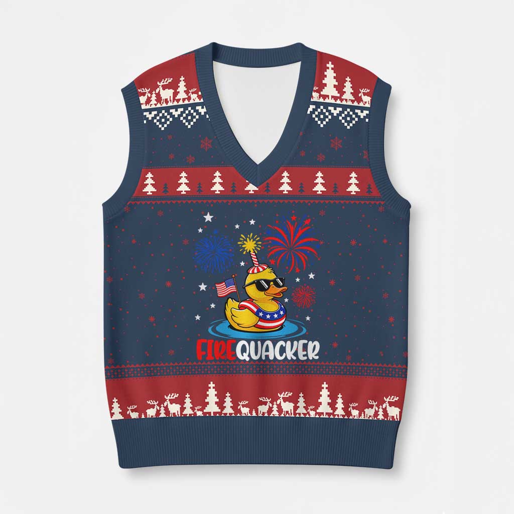 Firequacker Funny Patriotic Rubber Duck V-Neck Knit Sweater Vest Cool American Flag Sunglasses and Stars Swim Ring Summer Fireworks TS02 Navy Red Print Your Wear