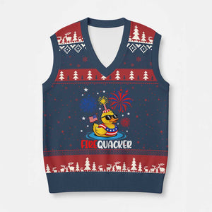 Firequacker Funny Patriotic Rubber Duck V-Neck Knit Sweater Vest Cool American Flag Sunglasses and Stars Swim Ring Summer Fireworks TS02 Navy Red Print Your Wear