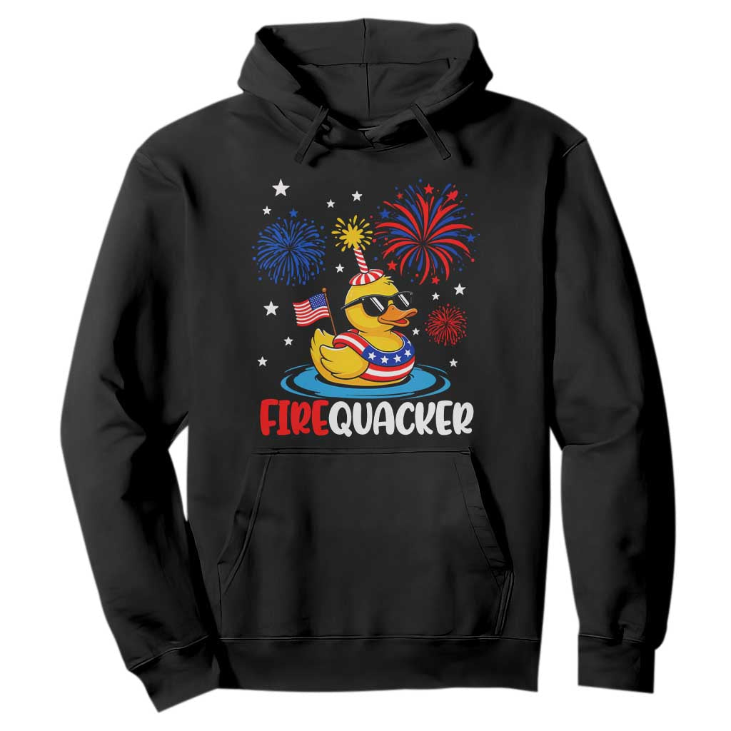 Firequacker Funny Patriotic Rubber Duck Hoodie Cool American Flag Sunglasses and Stars Swim Ring Summer Fireworks TS02 Black Print Your Wear