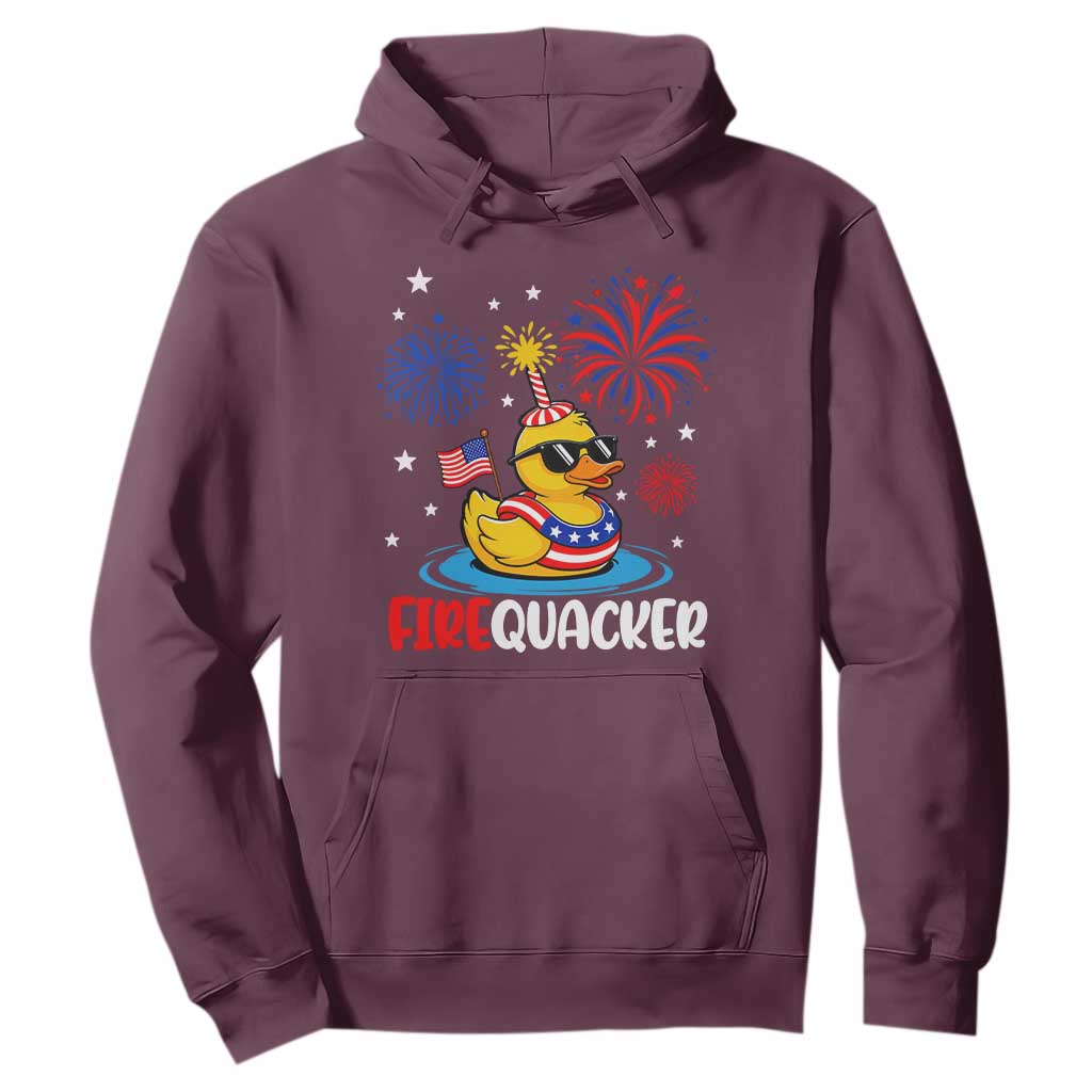 Firequacker Funny Patriotic Rubber Duck Hoodie Cool American Flag Sunglasses and Stars Swim Ring Summer Fireworks TS02 Maroon Print Your Wear