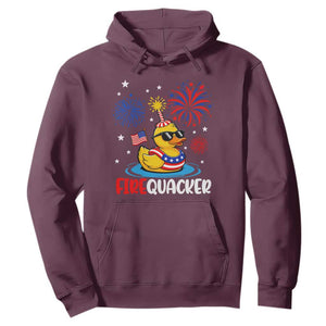 Firequacker Funny Patriotic Rubber Duck Hoodie Cool American Flag Sunglasses and Stars Swim Ring Summer Fireworks TS02 Maroon Print Your Wear