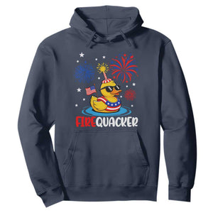 Firequacker Funny Patriotic Rubber Duck Hoodie Cool American Flag Sunglasses and Stars Swim Ring Summer Fireworks TS02 Navy Print Your Wear