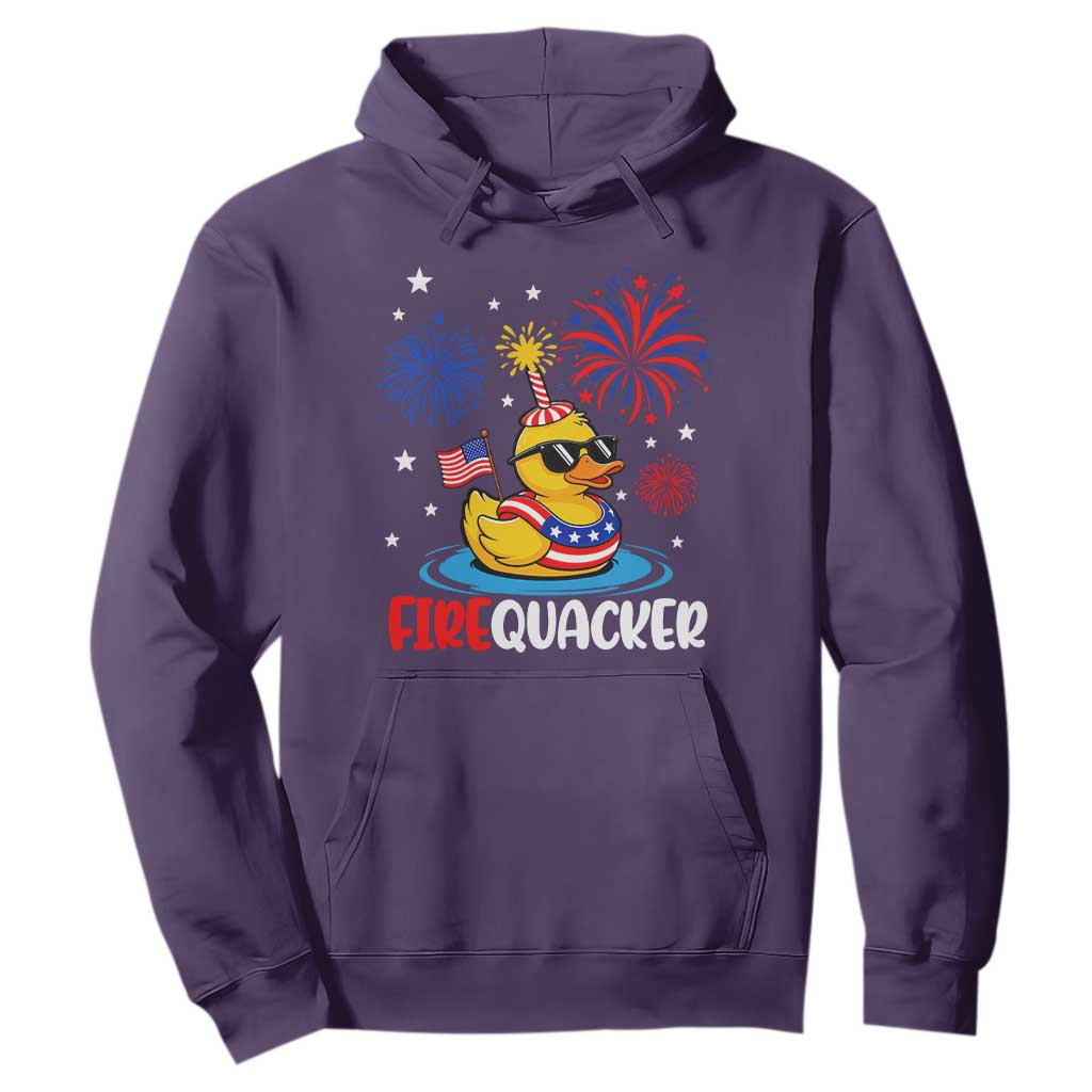 Firequacker Funny Patriotic Rubber Duck Hoodie Cool American Flag Sunglasses and Stars Swim Ring Summer Fireworks TS02 Purple Print Your Wear