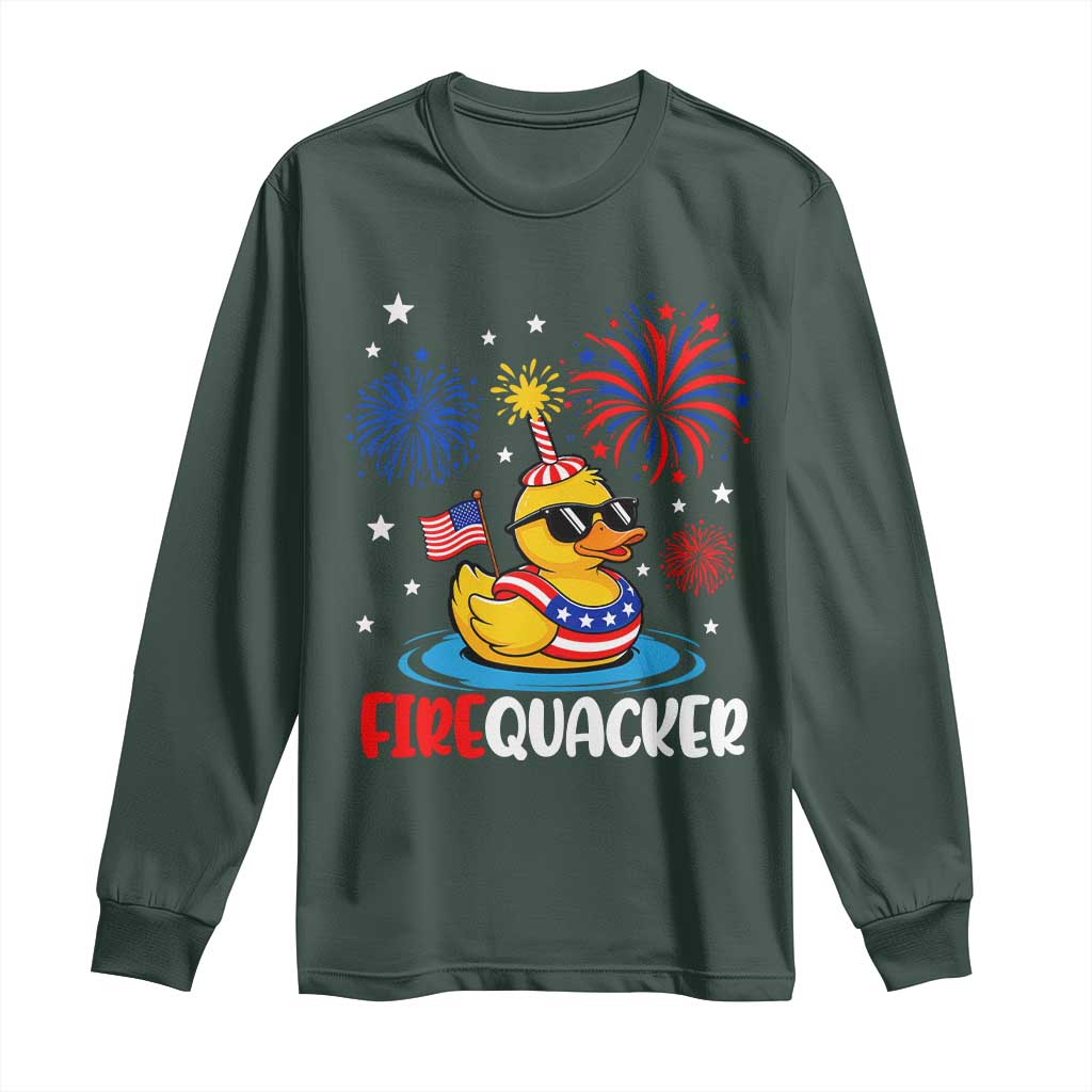 Firequacker Funny Patriotic Rubber Duck Long Sleeve Shirt Cool American Flag Sunglasses and Stars Swim Ring Summer Fireworks TS02 Dark Forest Green Print Your Wear