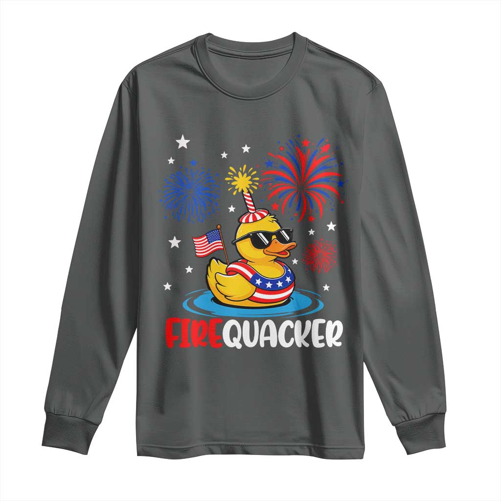 Firequacker Funny Patriotic Rubber Duck Long Sleeve Shirt Cool American Flag Sunglasses and Stars Swim Ring Summer Fireworks TS02 Dark Heather Print Your Wear