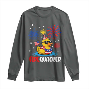 Firequacker Funny Patriotic Rubber Duck Long Sleeve Shirt Cool American Flag Sunglasses and Stars Swim Ring Summer Fireworks TS02 Dark Heather Print Your Wear