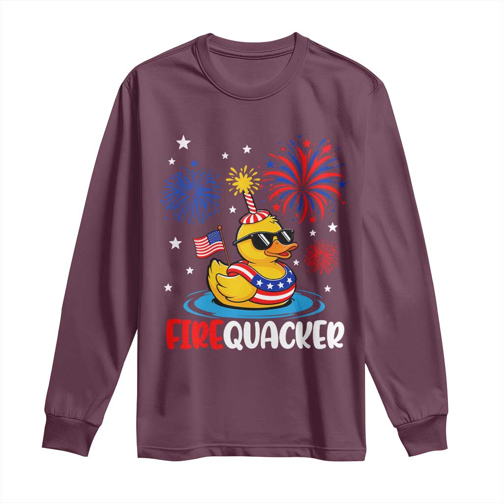 Firequacker Funny Patriotic Rubber Duck Long Sleeve Shirt Cool American Flag Sunglasses and Stars Swim Ring Summer Fireworks TS02 Maroon Print Your Wear