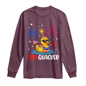 Firequacker Funny Patriotic Rubber Duck Long Sleeve Shirt Cool American Flag Sunglasses and Stars Swim Ring Summer Fireworks TS02 Maroon Print Your Wear
