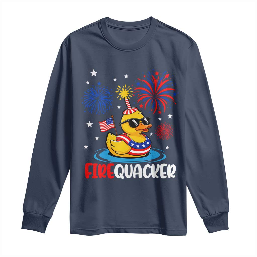 Firequacker Funny Patriotic Rubber Duck Long Sleeve Shirt Cool American Flag Sunglasses and Stars Swim Ring Summer Fireworks TS02 Navy Print Your Wear
