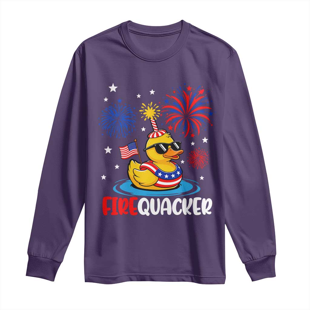 Firequacker Funny Patriotic Rubber Duck Long Sleeve Shirt Cool American Flag Sunglasses and Stars Swim Ring Summer Fireworks TS02 Purple Print Your Wear