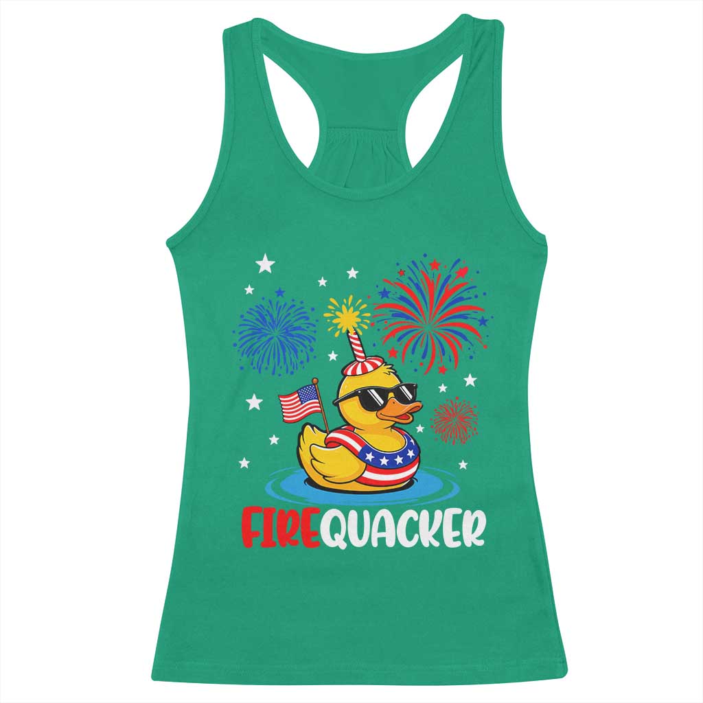 Firequacker Funny Patriotic Rubber Duck Racerback Tank Top Cool American Flag Sunglasses and Stars Swim Ring Summer Fireworks TS02 Irish Green Print Your Wear