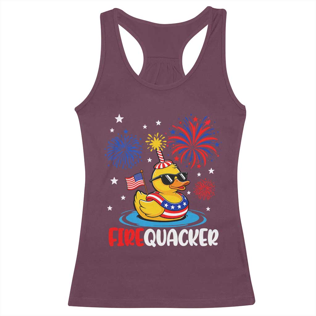Firequacker Funny Patriotic Rubber Duck Racerback Tank Top Cool American Flag Sunglasses and Stars Swim Ring Summer Fireworks TS02 Maroon Print Your Wear