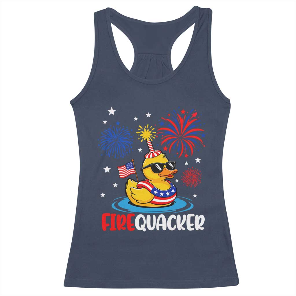 Firequacker Funny Patriotic Rubber Duck Racerback Tank Top Cool American Flag Sunglasses and Stars Swim Ring Summer Fireworks TS02 Navy Print Your Wear