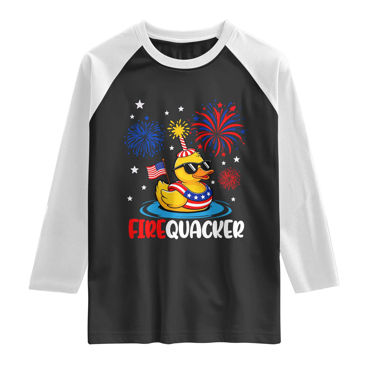 Firequacker Funny Patriotic Rubber Duck Raglan Shirt Cool American Flag Sunglasses and Stars Swim Ring Summer Fireworks TS02 Black White Print Your Wear