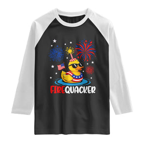 Firequacker Funny Patriotic Rubber Duck Raglan Shirt Cool American Flag Sunglasses and Stars Swim Ring Summer Fireworks TS02 Black White Print Your Wear