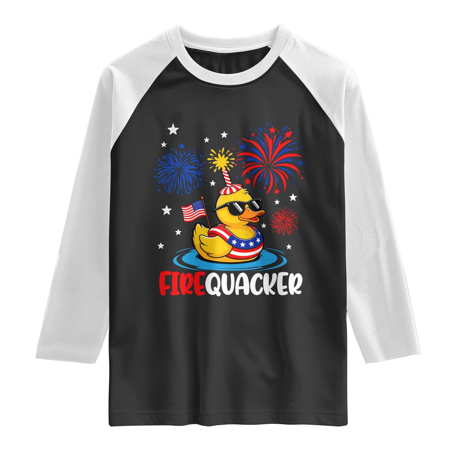Firequacker Funny Patriotic Rubber Duck Raglan Shirt Cool American Flag Sunglasses and Stars Swim Ring Summer Fireworks TS02 Black White Print Your Wear