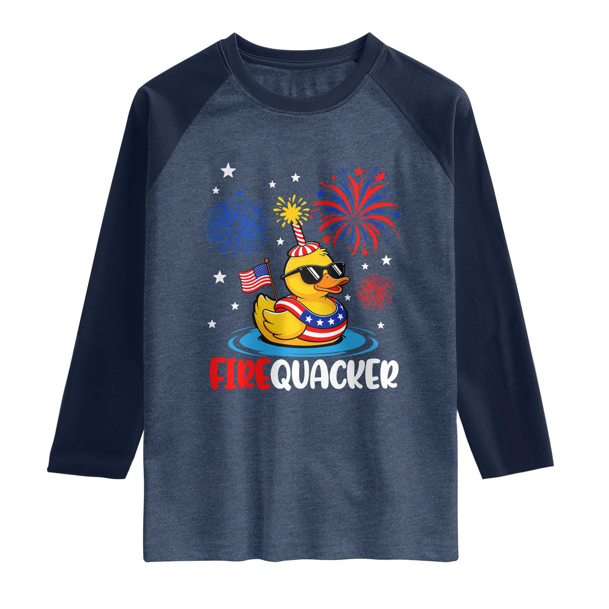 Firequacker Funny Patriotic Rubber Duck Raglan Shirt Cool American Flag Sunglasses and Stars Swim Ring Summer Fireworks TS02 Heather Denim Navy Print Your Wear