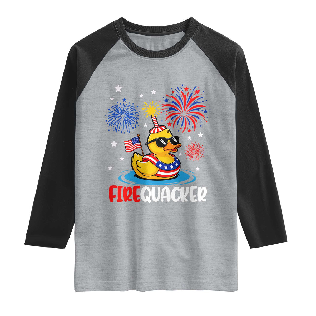 Firequacker Funny Patriotic Rubber Duck Raglan Shirt Cool American Flag Sunglasses and Stars Swim Ring Summer Fireworks TS02 Heather Gray Black Print Your Wear
