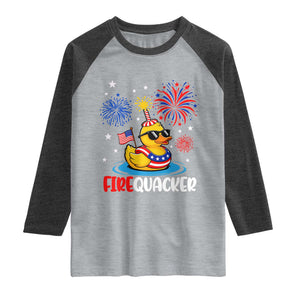 Firequacker Funny Patriotic Rubber Duck Raglan Shirt Cool American Flag Sunglasses and Stars Swim Ring Summer Fireworks TS02 Heather Gray Heather Charcoal Print Your Wear