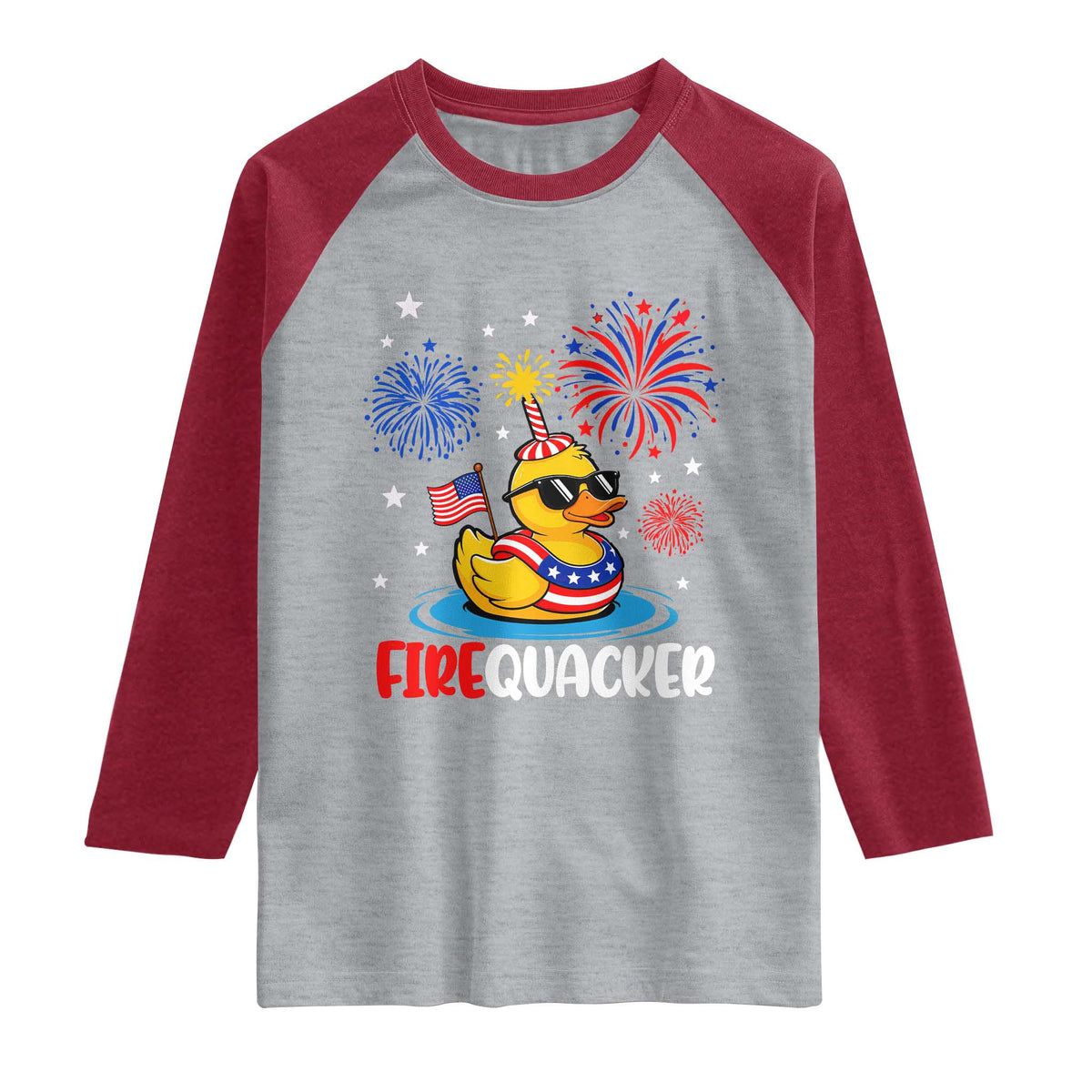Firequacker Funny Patriotic Rubber Duck Raglan Shirt Cool American Flag Sunglasses and Stars Swim Ring Summer Fireworks TS02 Heather Gray Heather Red Print Your Wear