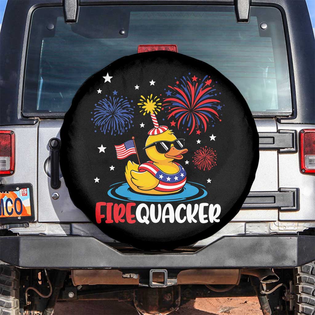Firequacker Funny Patriotic Rubber Duck Spare Tire Cover Cool American Flag Sunglasses and Stars Swim Ring Summer Fireworks TS02 No hole Black Print Your Wear