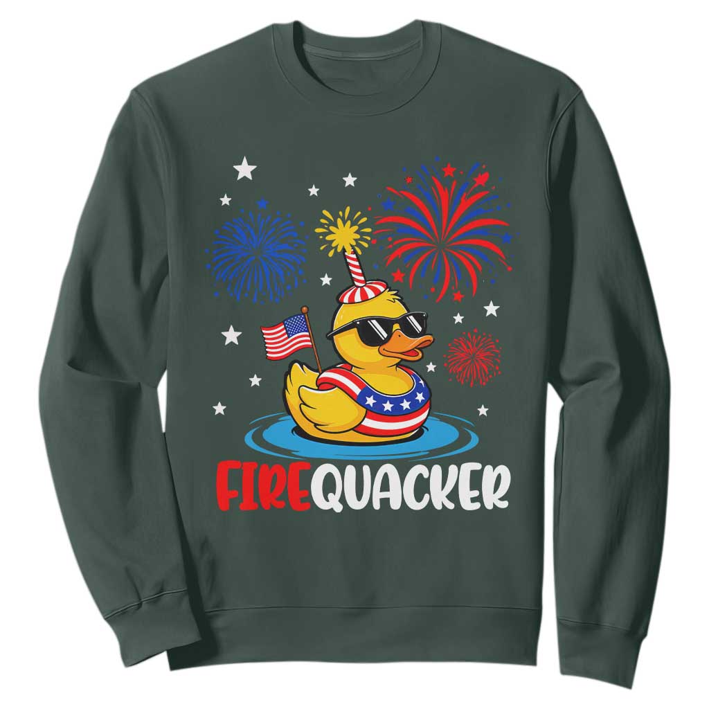 Firequacker Funny Patriotic Rubber Duck Sweatshirt Cool American Flag Sunglasses and Stars Swim Ring Summer Fireworks TS02 Dark Forest Green Print Your Wear